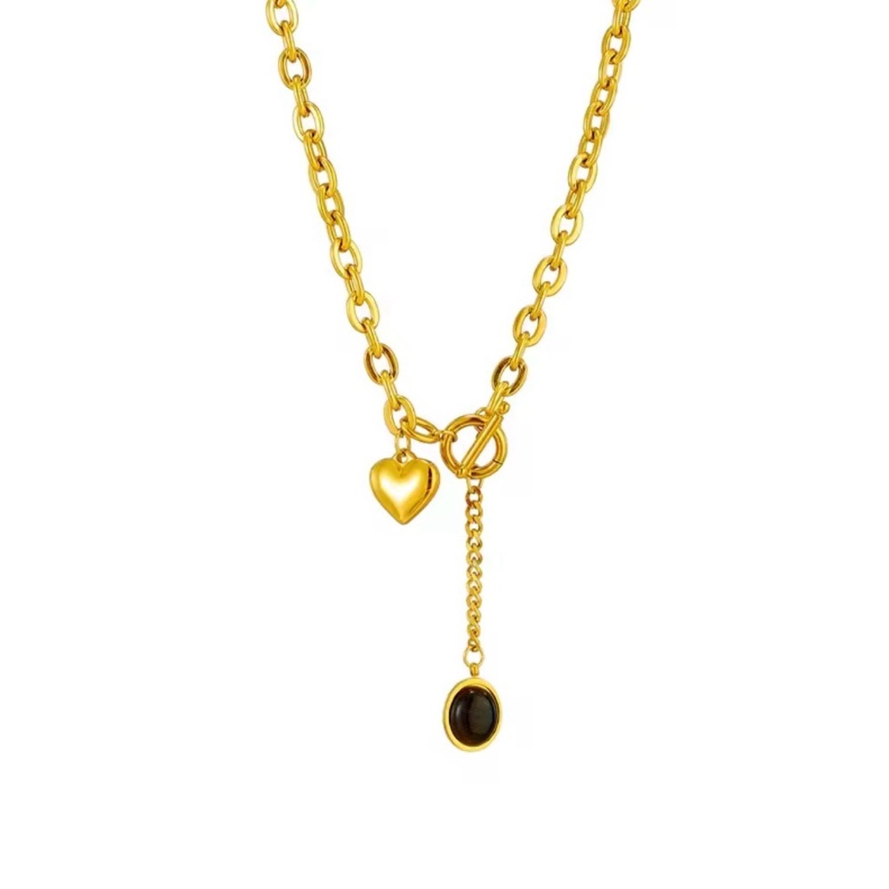 Gold Heart Necklace with Black Stone Drop - Picture 3 of 5